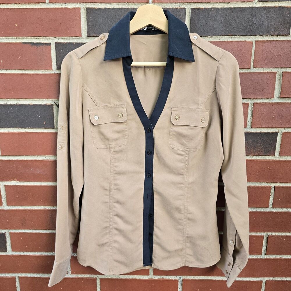 Express Women's Long Sleeve Button-up Brown Shirt Blouse Size Small